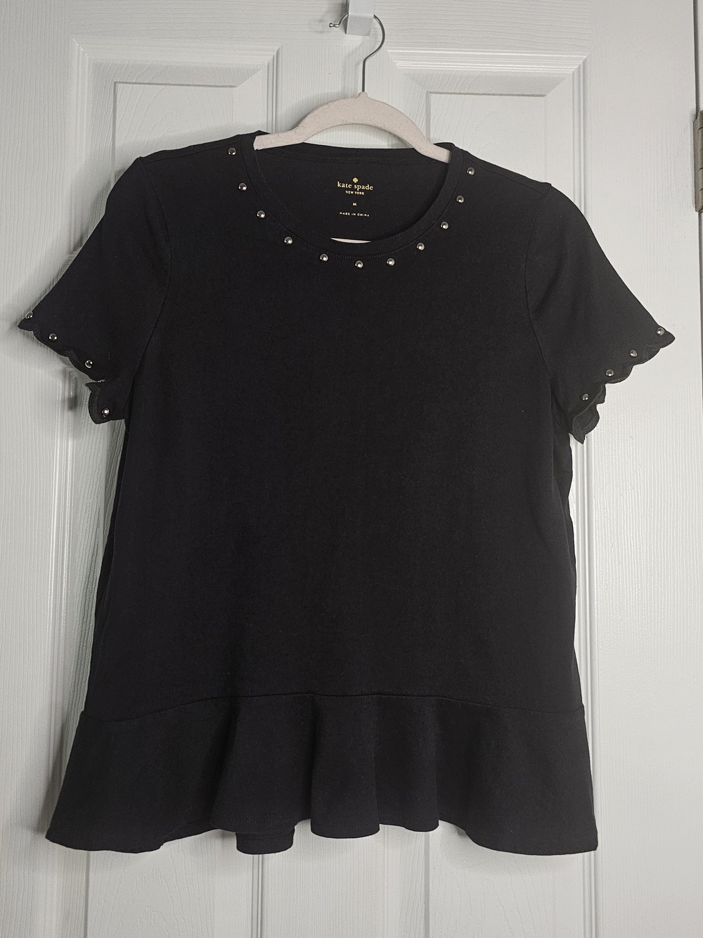 kate spade Black Stud-Trim Ruffle Hem Tee